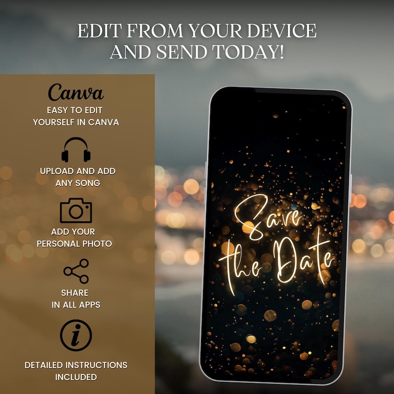 May include: A smartphone displaying a black background with gold glitter and the text "Save the Date" in a white cursive font. The phone is on a blurred background of city lights.