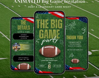 Animated Big Game Invitation, Football Watch Party Evite, Editable Canva Video Invite, Digital Game Night Invitation