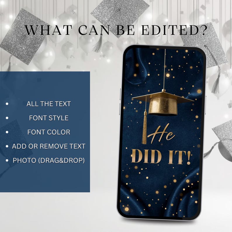 He Did It Graduation Invitation Template 2026, Animated Graduation Evite, Editable Canva Grad Party Invite, Navy Blue Gold Grad Invite bild 5