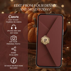 May include: A smartphone screen displays a digital invitation template with a dark red envelope graphic and a gold wax seal featuring the letter P. Text on the screen reads: EDIT FROM YOUR DEVICE AND SEND TODAY! CANVA EASY TO EDIT YOURSELF IN CANVA.