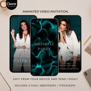 Birthday Invitation Template Editable Green Birthday invitation for girls Birthday party Invitation with photo Animated Video Invite Teal404