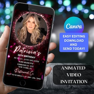 Editable Purple Gold Neon Birthday Invitation for Woman with photo Animated Video Invite Minimalist Editable Template Instant Download 224