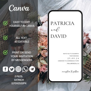 May include: A mobile phone screen mockup with a wedding invitation for Patricia and David. The invitation is white with black text and includes the date 25.09.24, the time 3 PM, and the location Villa Benezia, CA. The text "reception to follow" is at the bottom of the invitation.