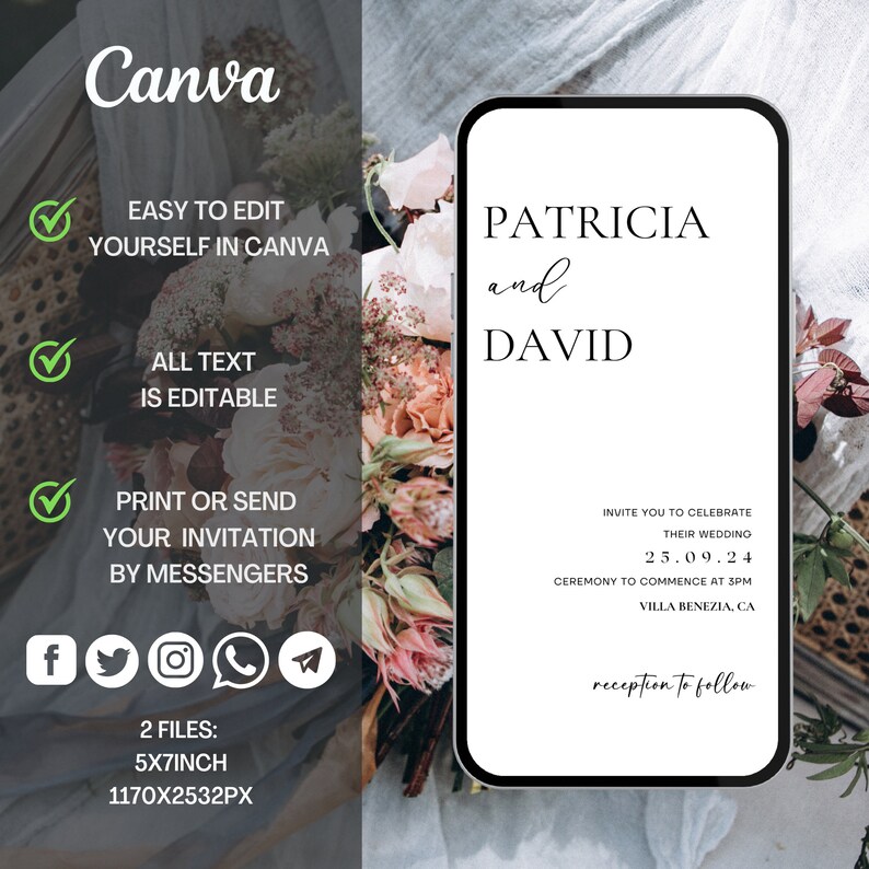 May include: A mobile phone screen mockup with a wedding invitation for Patricia and David. The invitation is white with black text and includes the date 25.09.24, the time 3 PM, and the location Villa Benezia, CA. The text "reception to follow" is at the bottom of the invitation.