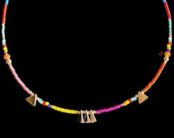 Dainty Multicoloured Miyuki Seed Bead Necklace & gold triangle pendants, Chic African Bead Rainbow Necklace, Gift For Her, Birthday Gift