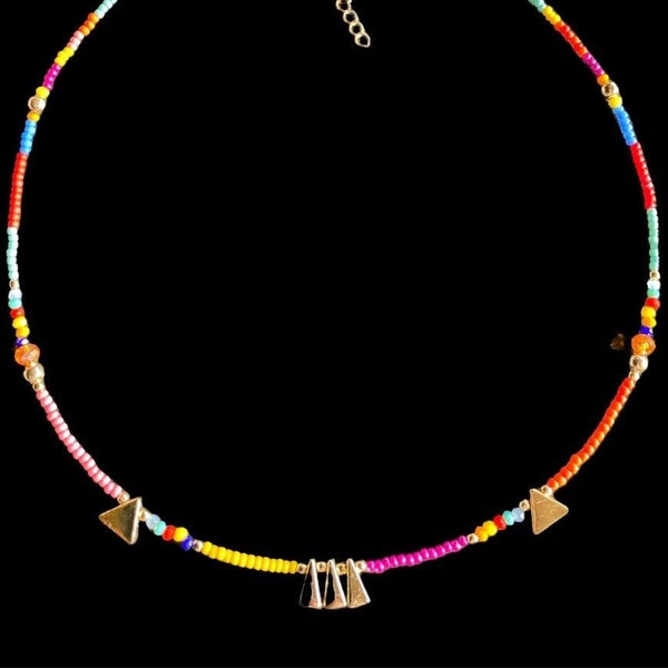 Dainty Multicoloured Miyuki Seed Bead Necklace & gold triangle pendants, Chic African Bead Rainbow Necklace, Gift For Her, Birthday Gift