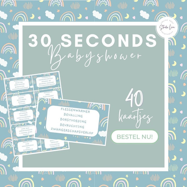 Babyshower 30 Seconds • Thema: regenboog • Afdrukbaar • 40 kaartjes! • Nederlands (NL)