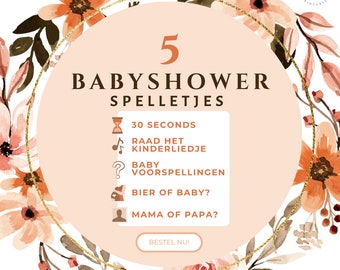 Juegos de babyshower • ¡Paquete con 5 juegos diferentes! • Afdrukbaar • Países Bajos (NL)