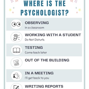 Può includere: Un cartello turchese e bianco con la domanda "DOVE È LO PSICOLOGO?" e varie icone di attività. Il cartello elenca attività come "Osservando", "Lavorando con uno studente" e "Scrivendo relazioni", con le istruzioni corrispondenti. Stelle pastello bordano il cartello.