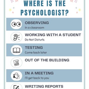 Puede incluir: Un letrero turquesa y blanco con el texto "WHERE IS THE PSYCHOLOGIST?" e indicadores de actividad. El letrero incluye texto como "OBSERVING", "WORKING WITH A STUDENT" y "TESTING". El letrero está diseñado para informar a los visitantes sobre la disponibilidad del psicólogo.