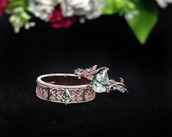 Rose Gold Kite Agate Ring Set & Black Tungsten Moss Agate Band