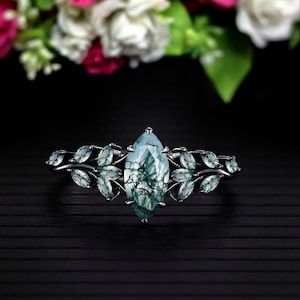 Gothic Black Gold Marquise Cut Moss Agate Engagement Ring Sets Nature Inspired Cluster Promise Ring Art Deco Leaf Gemstone Bridal Sets Her