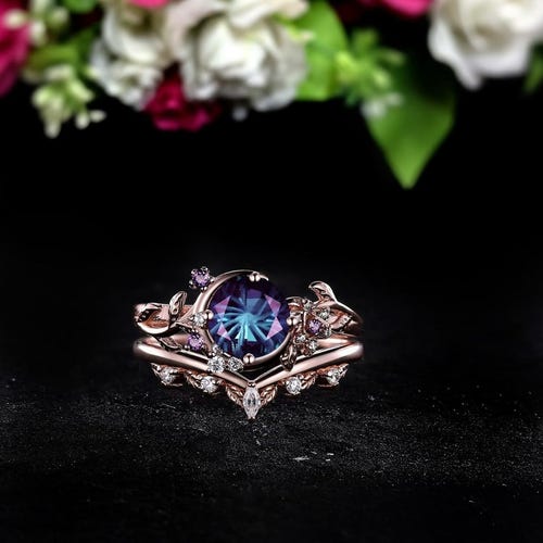 Parure de bague de fiançailles en alexandrite art déco : bague de mariée branche de feuille