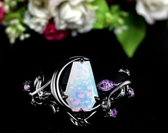 Vintage Coffin Cut Opal Ring, Black Gold Moon Star Amethyst Ring