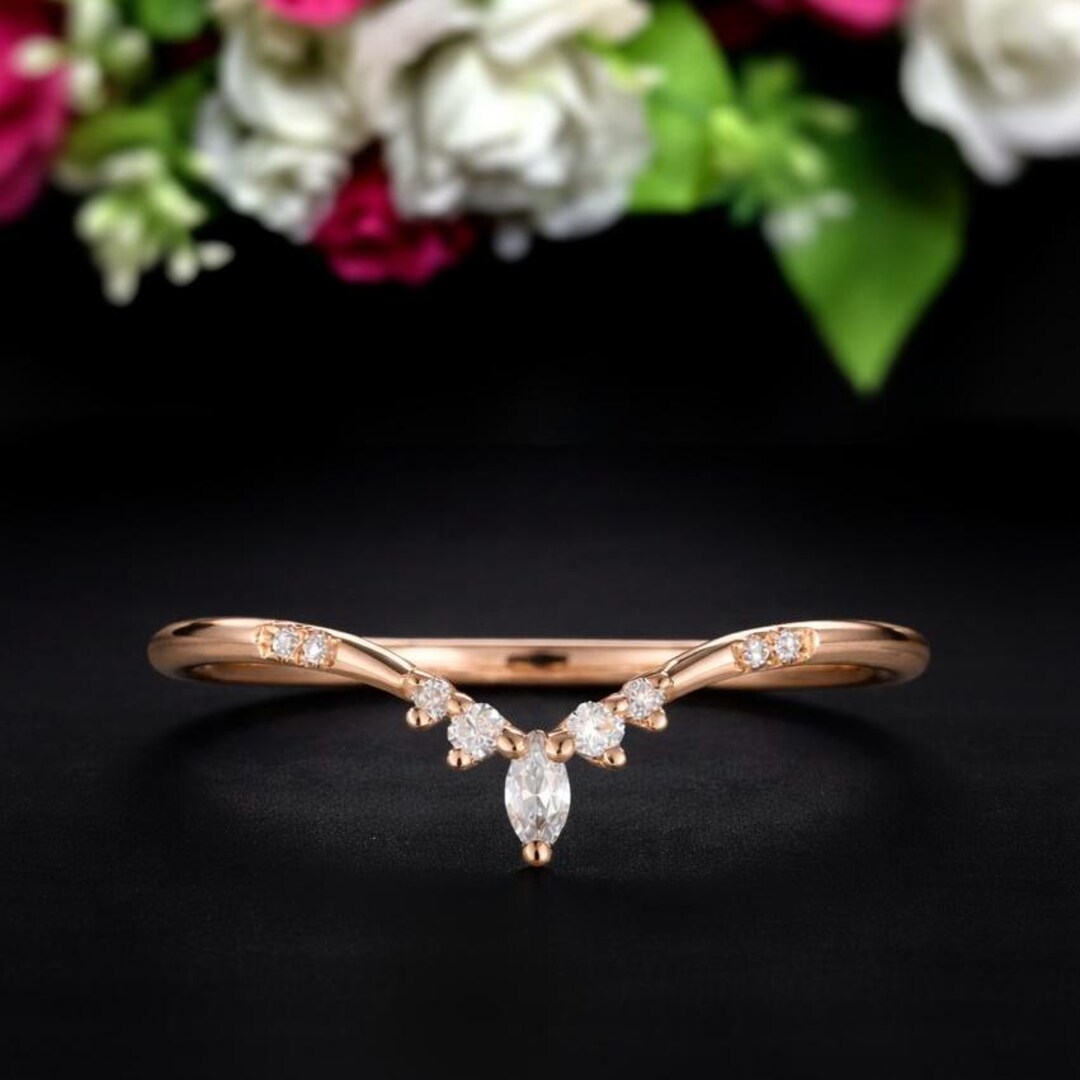 Rose Gold Marquise Moissanite Curved Wedding Band – Stackable Art Deco ...