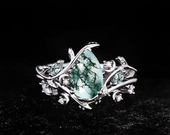 Moss Agate Engagement Ring Set: Leaf Vine Twig Branch Design