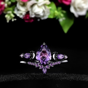 Gothic Birne Amethyst Verlobungsring Set: Halbmond Schwarz Brautring