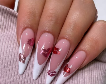 Valentine's Day Press On Nails | Chrome Kiss French Almond