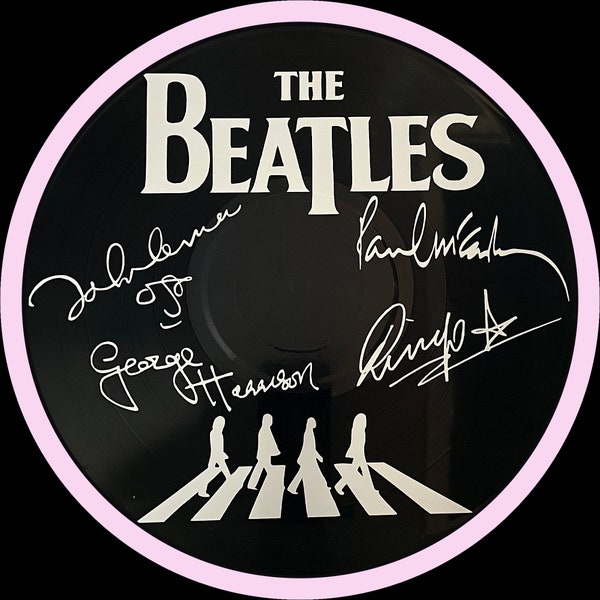 Beatles Themed Vinyl Record Art Created On A Recycled 12 Inch Record - Shows "Signatures/Autographs" and Abbey Road Crossing Image