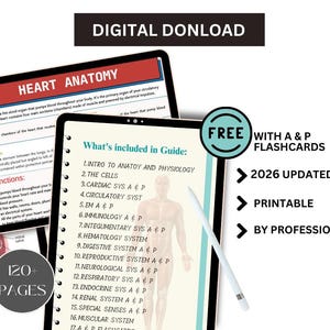 May include: Digital download of a heart anatomy guide on a tablet, with the text "Heart Anatomy" and "What's included in Guide". Includes A&P flashcards, a 2026 updated guide, and is printable. The image also says "120+ pages".