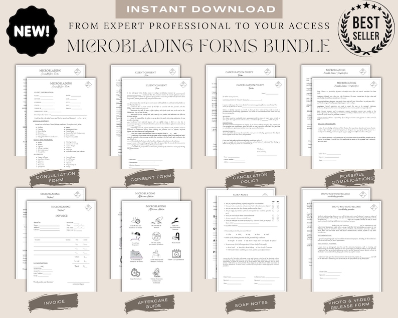 May include: A set of 10 printable forms for microblading businesses. The forms include a consultation form, consent form, cancellation policy, possible complications, invoice, aftercare guide, soap notes, and photo and video release form. The forms are in black and white with a simple design.