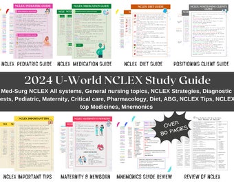 May include: A colorful study guide for the NCLEX exam, featuring the text "2024 U-World NCLEX Study Guide". The guide covers topics such as Med-Surg, Pediatrics, Maternity, Critical Care, Pharmacology, Diet, ABG, NCLEX Tips, and NCLEX top Medicines. It also includes mnemonics and over 80 pages of content.