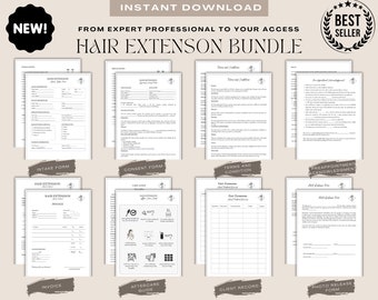 May include: A set of printable forms for hair extensions, including intake, consent, terms and conditions, pre-appointment acknowledgment, invoice, aftercare guide, client record, and photo release forms. The forms are designed in a simple, modern style with a brown and white color scheme.
