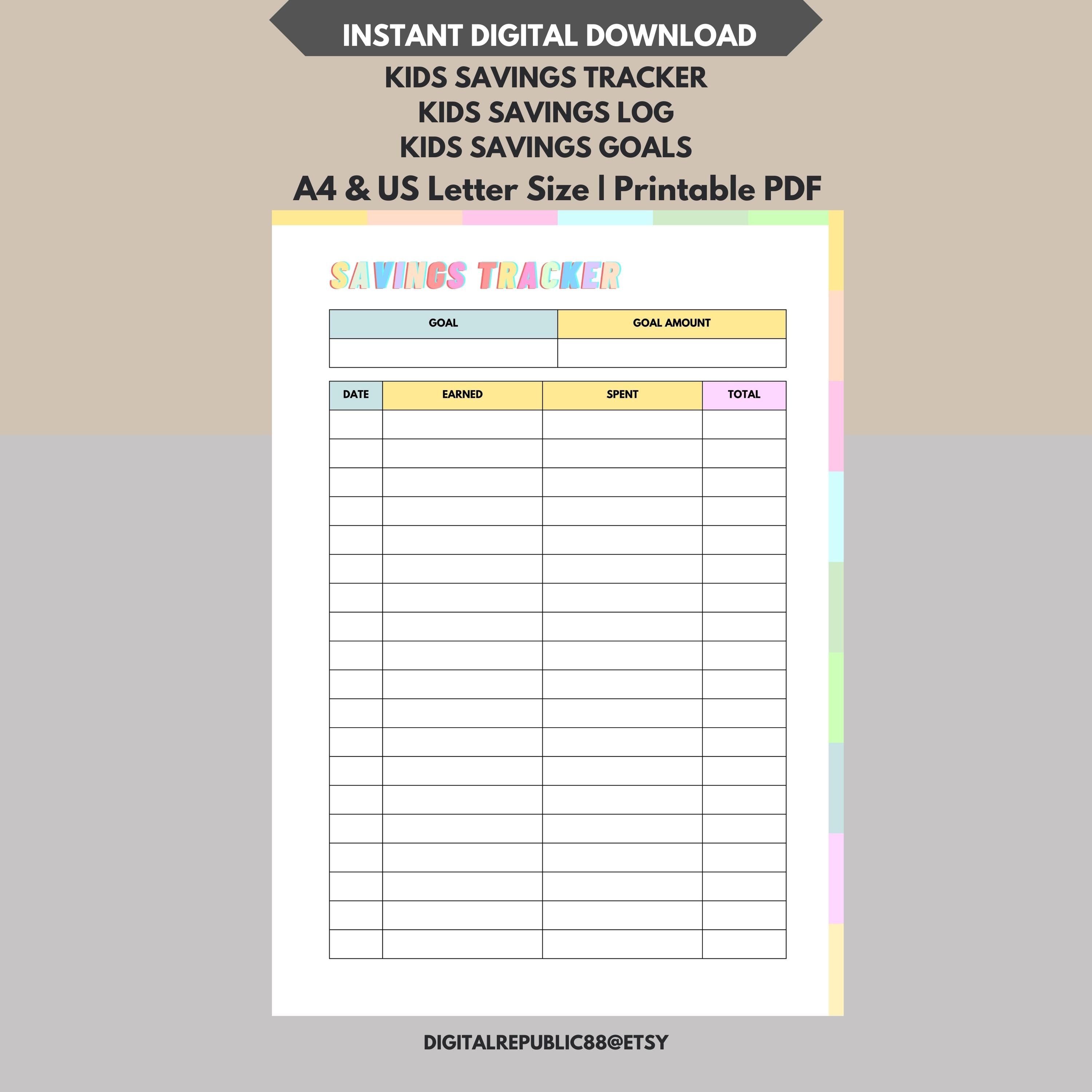 Printable Kids Savings Tracker, Kids Savings Log, Kids Money Saving ...