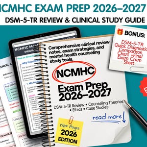 May include: A spiral-bound NCMHC Exam Prep 2026-2027 study guide featuring DSM-5-TR review, counseling theories, ethics, and case studies. The cover includes a yellow sticky note stating 170+ Pages 2026 Edition and a bonus card for a diagnostic chart.