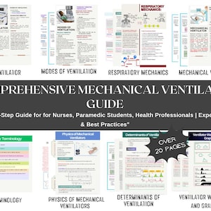 Op de afbeelding: Een uitgebreide gids over mechanische beademing voor verpleegkundigen, ambulancepersoneel en andere medische professionals. De gids bevat meer dan 20 pagina's met informatie over belangrijke terminologie, de fysica van mechanische beademingsapparaten, determinanten van beademing en ventilatorvorm en -grafieken.