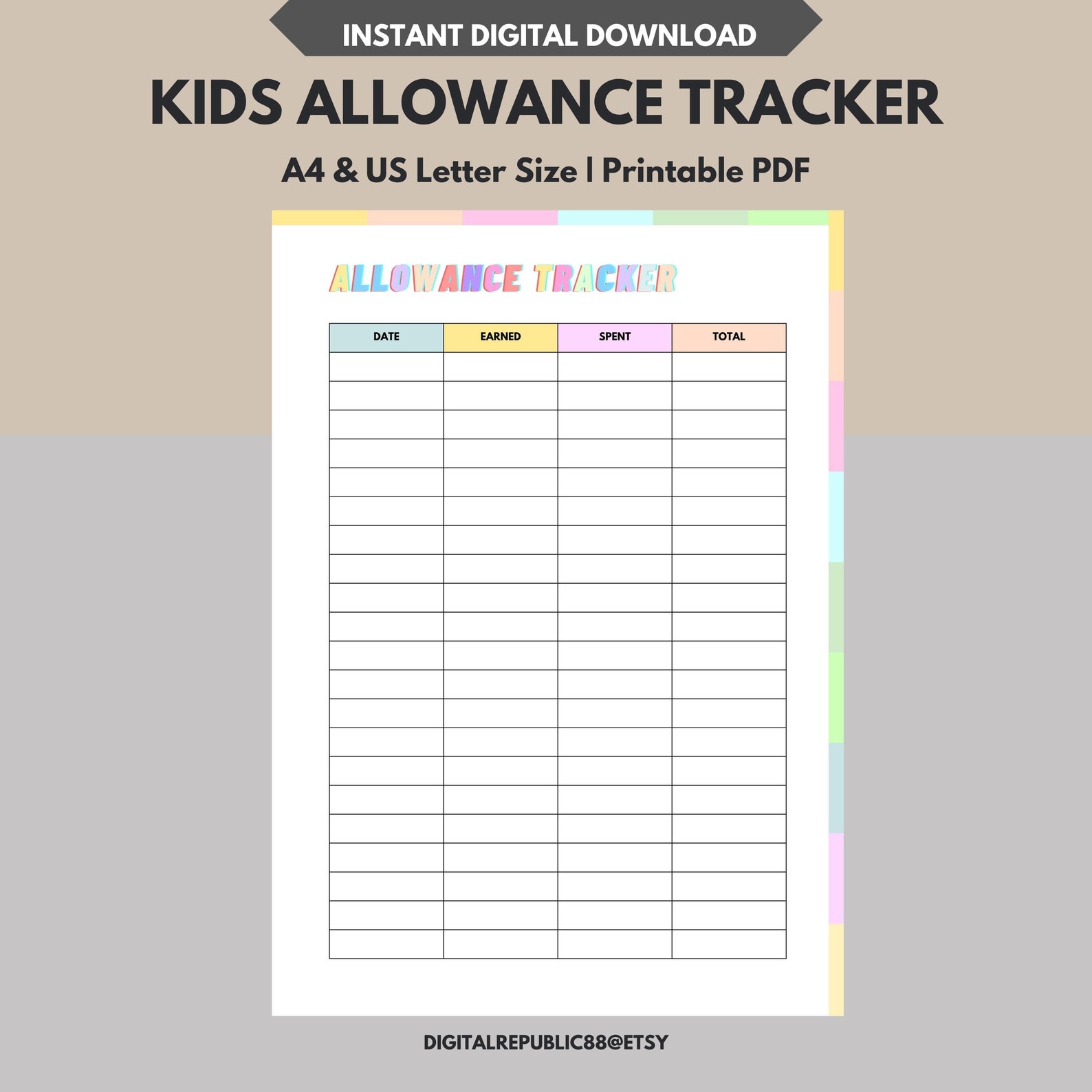 Printable Kids Allowance Tracker, Kids Savings Log, Kids Allowance ...