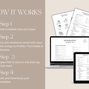 May include: A digital illustration of a how-to guide for editing and downloading a microblading consultation form template. The guide includes four steps: add to basket, receive an email, open the PDF, and edit and download the template.