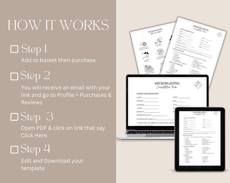 May include: A digital illustration of a how-to guide for editing and downloading a microblading consultation form template. The guide includes four steps: add to basket, receive an email, open the PDF, and edit and download the template.