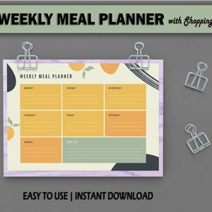 Printable Daily Weekly Meal Planner | Weekly Meal Schedule | Meal Organizer | Meal planning with Shopping List | Instant Download