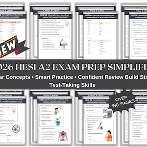 May include: A set of study guides for the 2026 HESI A2 exam, covering topics such as lab values, test-taking strategies, medical prefixes, body systems, critical thinking, fluid and electrolyte basics, maths formulas, and therapeutic communication. The guides are over 180 pages.