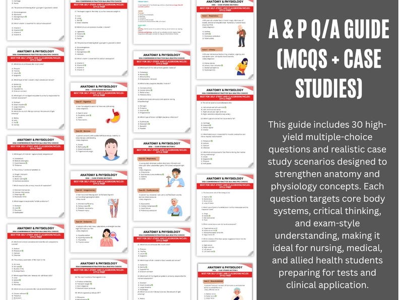 May include: A & P Q/A Guide (MCQS + Case Studies) with multiple-choice questions and case study scenarios. The guide is designed to strengthen anatomy and physiology concepts for nursing, medical, and allied health students.