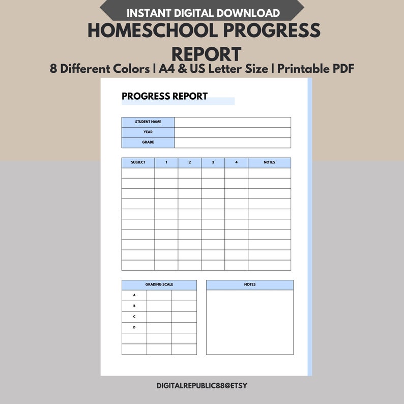 Printable Homeschool Report Card, Progress Report, Homeschool Record ...