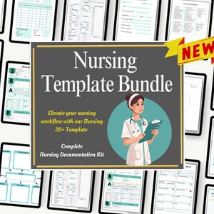 Peut inclure: Un ensemble de modèles numériques pour les infirmières, comprenant une variété de modèles et de formulaires. L'ensemble comprend plus de 20 modèles et est intitulé "Kit complet de documentation infirmière". L'image présente également une infirmière en blouse blanche tenant un presse-papiers.
