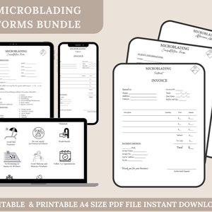 May include: A digital download bundle of printable forms for microblading businesses. The forms include a client consultation form, an invoice, and aftercare advice. The forms are editable and printable in A4 size.