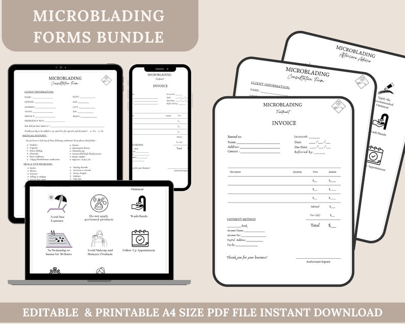 May include: A digital download bundle of printable forms for microblading businesses. The forms include a client consultation form, an invoice, and aftercare advice. The forms are editable and printable in A4 size.