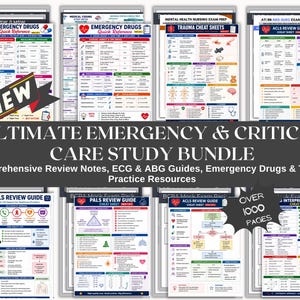 Op de afbeelding: Een digitaal studiepakket met meerdere educatieve spiekbriefjes voor spoedeisende en kritieke zorg. De documenten bevatten gidsen voor spoedeisende medicijnen, trauma, BLS, PALS, ACLS en ECG-interpretatie, met tekstkoppen en meer dan 1000 pagina's.
