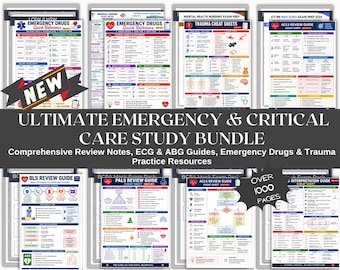 Emergency & Critical Care Study Bundle | ACLS, BLS Review, ECG, Abg Guide, Emergency Drugs  Trauma Practice Questions | Printable