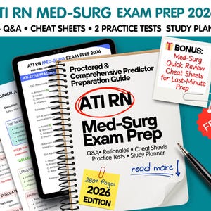 Puede incluir: Una guía de estudio para el examen ATI RN Med-Surg, que incluye una tableta, un cuaderno con espiral y tarjetas. El cuaderno muestra "ATI RN Med-Surg Exam Prep" e incluye preguntas y respuestas, hojas de trucos y pruebas de práctica. También se ve un bolígrafo y una etiqueta "GRATIS".