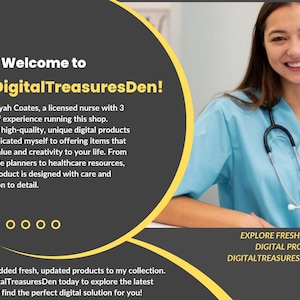 May include: An advertisement for DigitalTreasuresDen, featuring a smiling woman in blue scrubs with a stethoscope. Text includes "Welcome to DigitalTreasuresDen!" and "Explore fresh, updated digital products." The ad promotes digital products for healthcare and planners.
