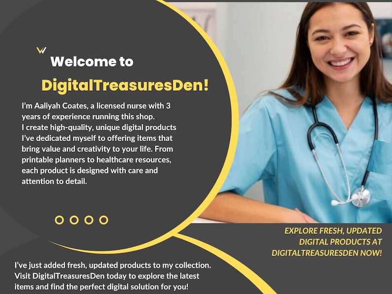 May include: An advertisement for DigitalTreasuresDen, featuring a smiling woman in blue scrubs with a stethoscope. Text includes "Welcome to DigitalTreasuresDen!" and "Explore fresh, updated digital products." The ad promotes digital products for healthcare and planners.