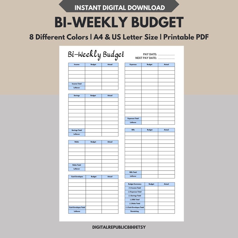 Printable Biweekly Budget Overview Template, Paycheck Budget, Budget