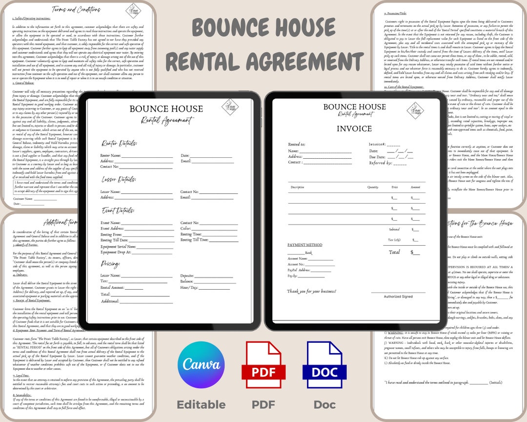 Bounce House Rental Contract Agreement Template, Editable/printable