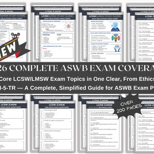 May include: A set of study guides for the LCSW/LMSW exam, including cheat sheets and mock exam questions. The guides cover topics from ethics to DSM-5-TR, with over 200 pages of content. The text reads "2026 COMPLETE ASWB EXAM COVERAGE".