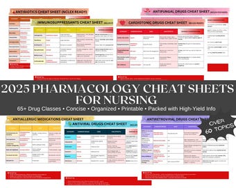 Pharmacology Cheat Sheet Bundle | NCLEX RN/PN Pharmacology Notes| Nursing Study Notes | 60+ Drug Classes | Cardiac, Psych, Immune, Maternity