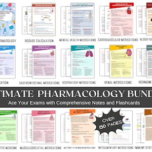 May include: A set of 15 colourful study guides for pharmacology, featuring illustrations of the human body and text. The guides cover topics such as introduction to pharmacology, dosage calculation, mental health medications, cardiovascular medications, blood forming system medications, eye medication, gastrointestinal medications, respiratory medications, renal medications, hormone system medications, chemotherapeutic medicine, musculoskeletal medications, maternity and newborn medications, integumentary medications, and immune system medications. The text at the bottom of the image reads "Ultimate Pharmacology Bundle Ace Your Exams with Comprehensive Notes and Flashcards Over 150 Pages".
